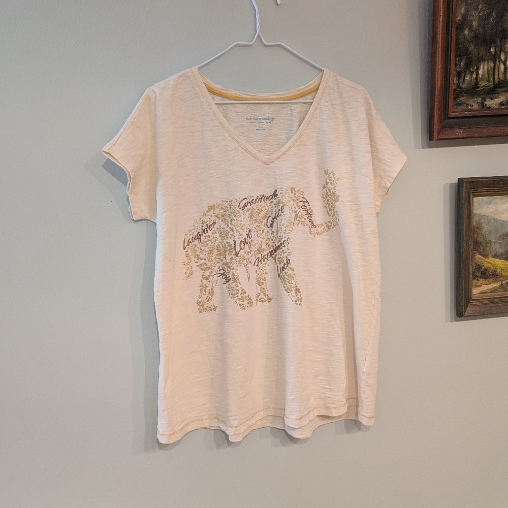 Soft Surroundings Small Gold Foil Metallic Elephant Tee Ivory Gratitude 90